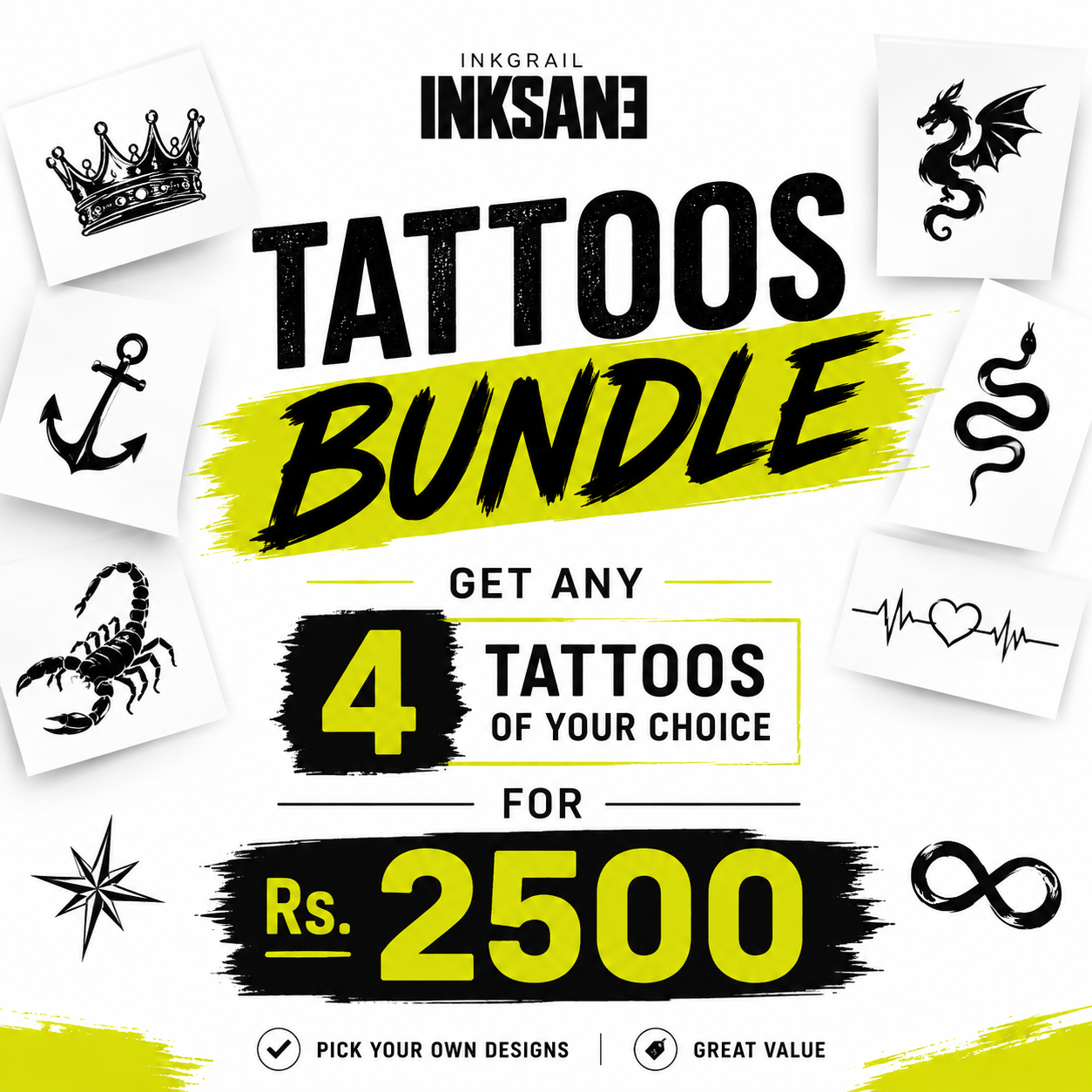 Buy Any 4 Tattoos (1-2 Inch) in Rs. 2500